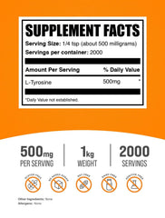 Bulksupplements L-Tyrosine powder scoop beside the jar for easy portioning.