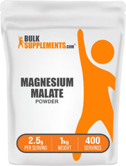 BulkSupplements Magnesium Malate Powder bottle shows unflavored formula for versatile mixing.