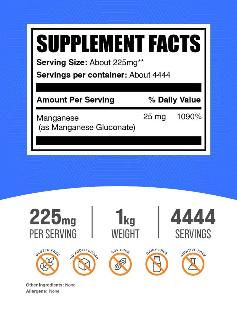 BulkSupplements manganese gluconate powder scoop for precise daily dosing.