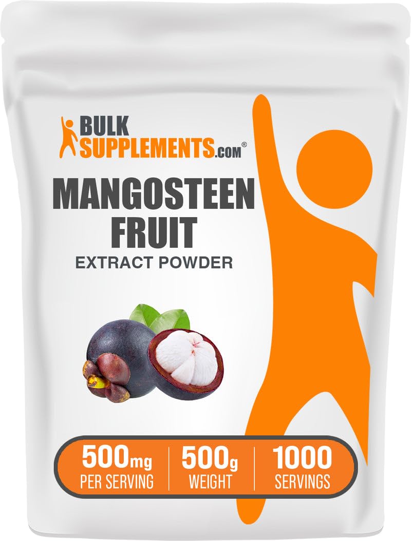 BulkSupplements Mangosteen Extract powder in a bottle supports daily wellness on gluten-free basis.