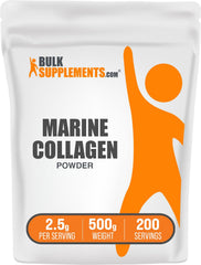 BulkSupplements Marine Collagen Powder tub shows a gluten-free, easy-to-mix formula.
