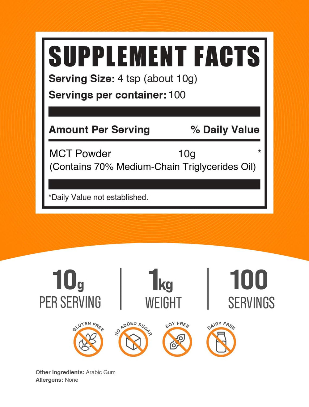 BulkSupplements MCT Powder gluten-free formulation for gluten-sensitive diets.