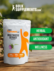 Close-up of BulkSupplements Milk Thistle packaging highlights gluten-free formula.