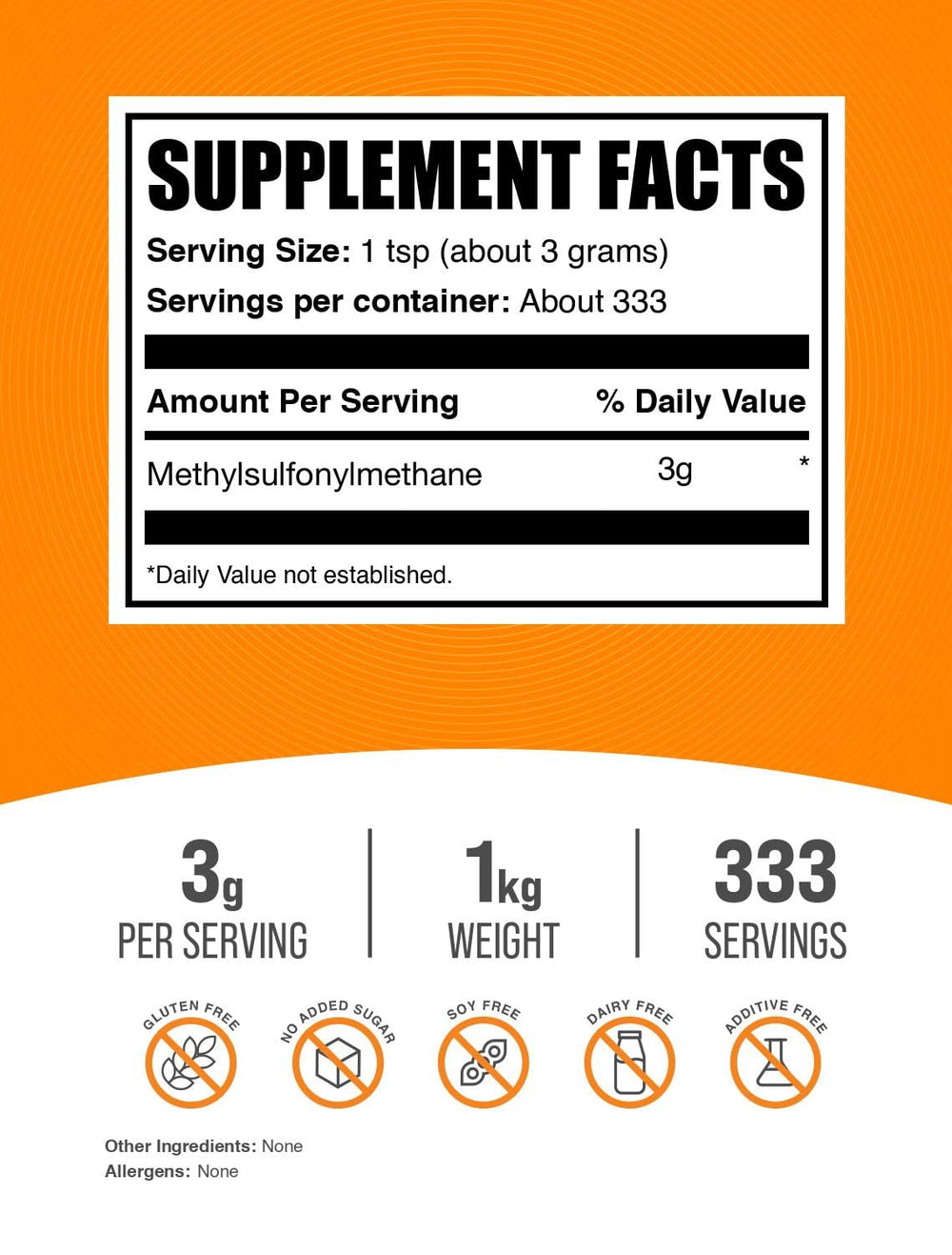 BulkSupplements MSM powder measuring scoop showing 3000 mg per serving.