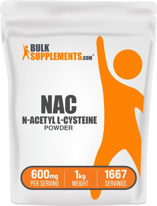 BulkSupplements NAC powder bottle 600mg, ready for daily use and easy mixing.