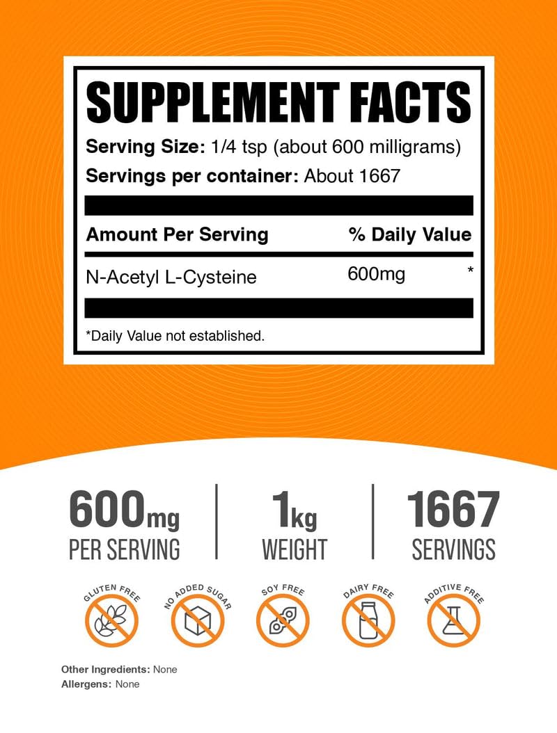 BulkSupplements NAC powder measuring spoon for precise 600mg servings.