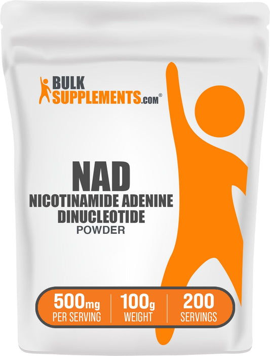 BulkSupplements NAD powder bottle shown for convenient daily energy support.