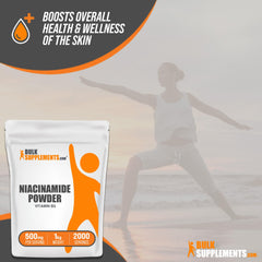 BulkSupplements Niacinamide powder gluten-free badge on packaging.