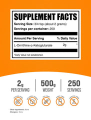 BulkSupplements OKG powder with scoop demonstrates convenient 2 g serving for workouts