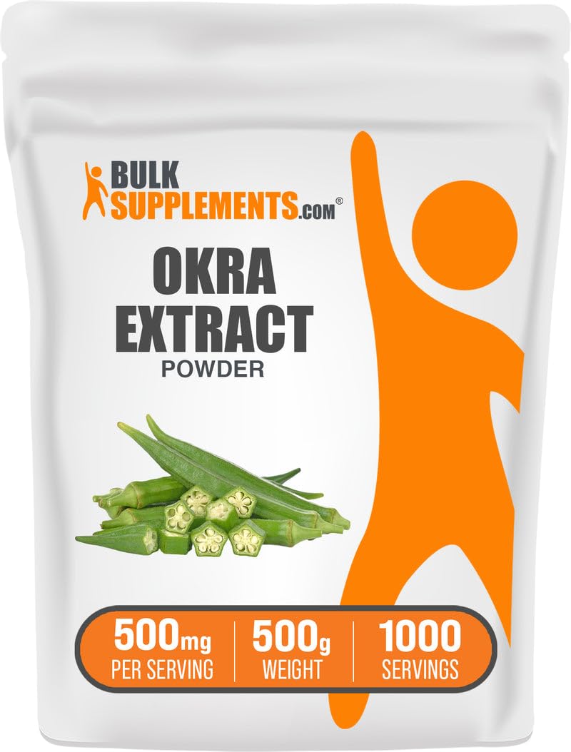 BulkSupplements Okra Extract Powder bottle with scoop for daily dietary fiber support.