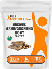 BulkSupplements Organic Ashwagandha Powder packaging illustrating purity for daily stress support.
