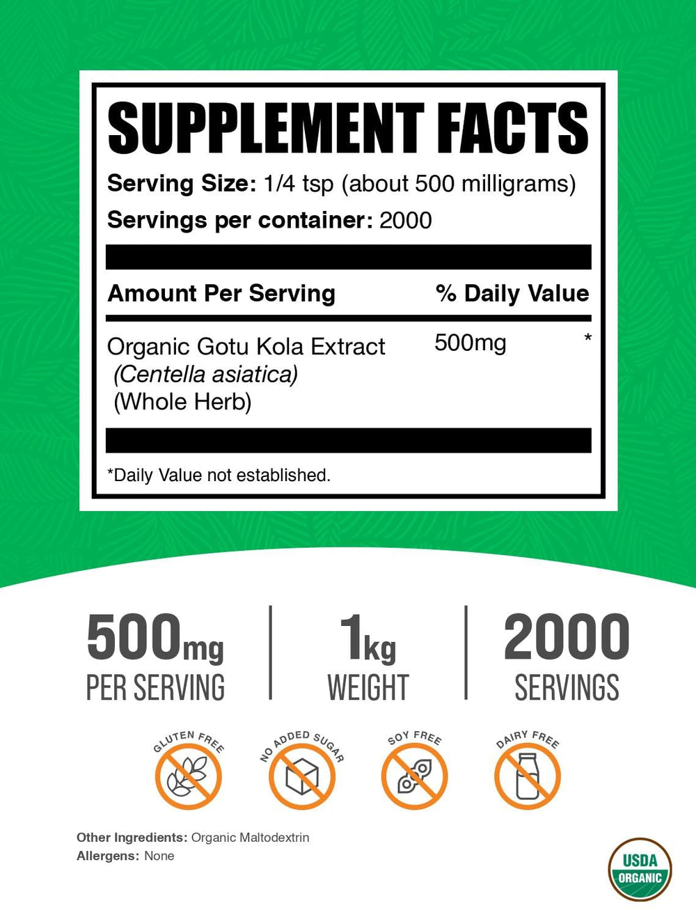 BulkSupplements Organic Gotu Kola Extract powder scoop for easy mixing and daily use.