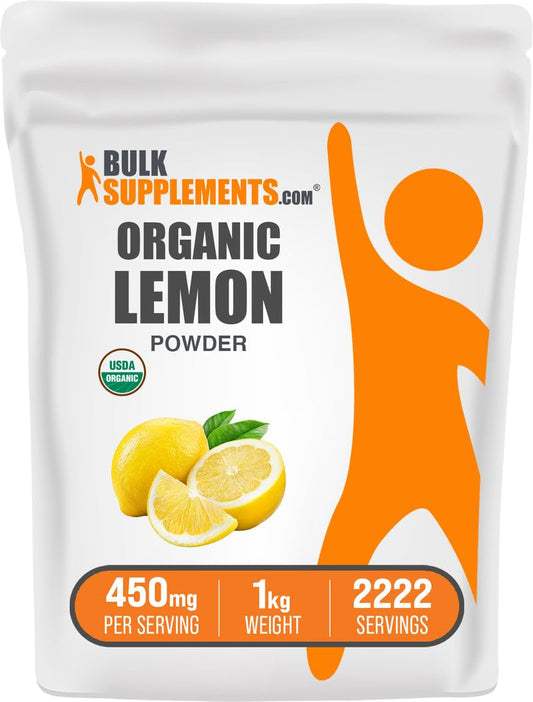 BulkSupplements Organic Lemon Powder bottle close-up highlighting gluten-free formula for cooking and baking