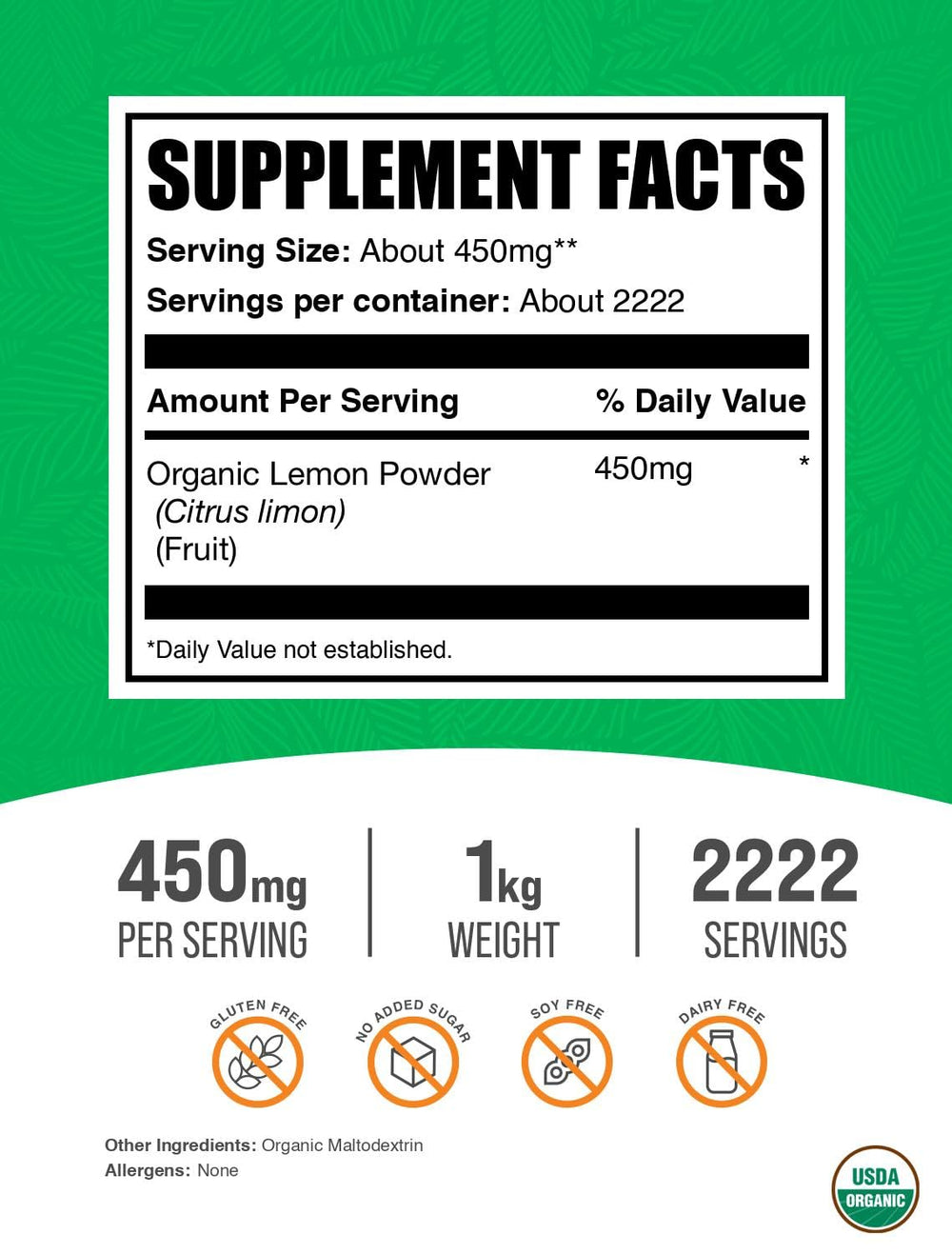 BulkSupplements Organic Lemon Powder measuring scoop reveals fine powder texture for easy dosing