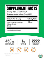 BulkSupplements Organic Lemon Powder measuring scoop reveals fine powder texture for easy dosing