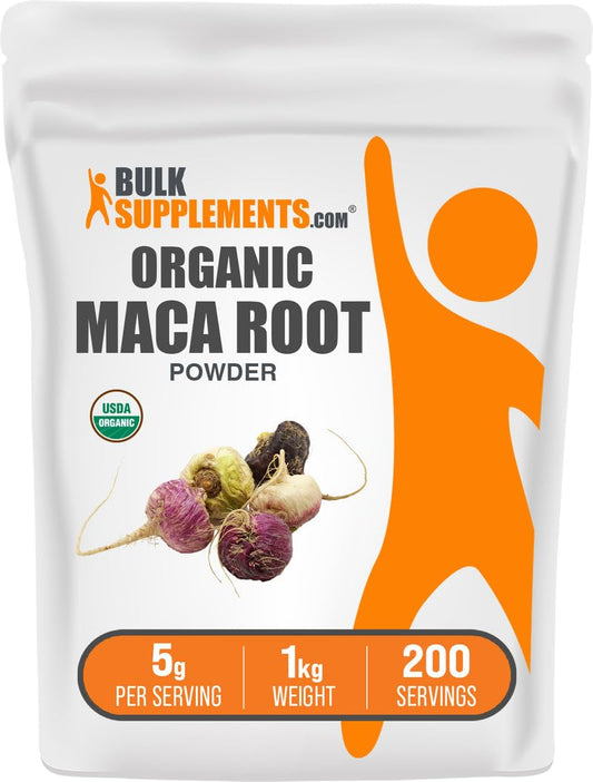 BulkSupplements Organic Maca Powder pack-front, gluten-free daily energy support.
