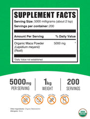 BulkSupplements Organic Maca Powder with scoop for easy daily use in smoothies.