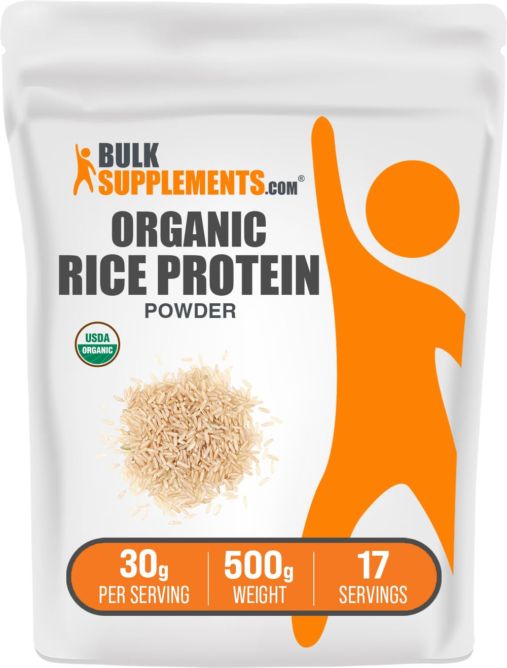 BulkSupplements Organic Rice Protein Powder bottle pour highlights vegan protein for smoothies