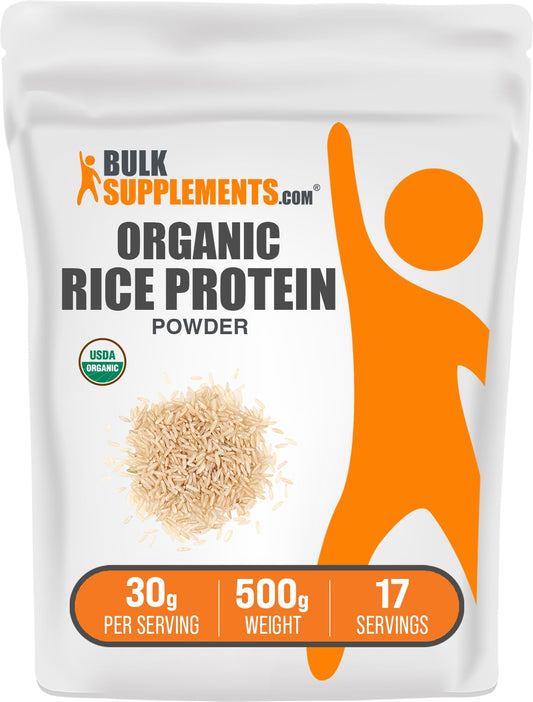 BulkSupplements Organic Rice Protein Powder bottle pour highlights vegan protein for smoothies