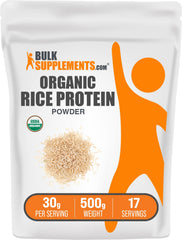 BulkSupplements Organic Rice Protein Powder bottle pour highlights vegan protein for smoothies