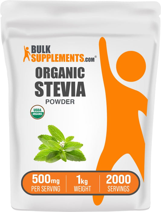BulkSupplements Organic Stevia Powder bottle pour for zero-calorie sweetness in drinks.