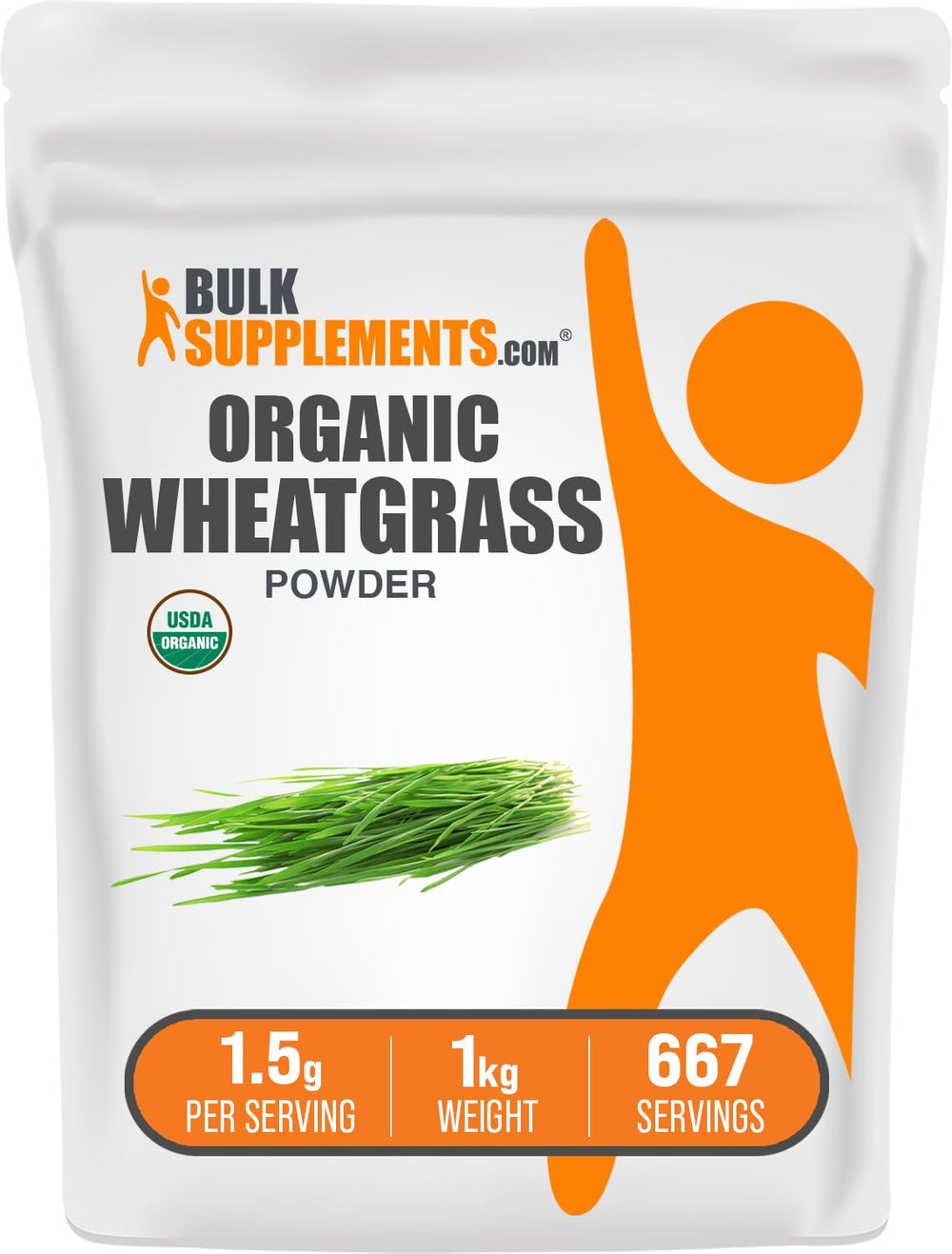 BulkSupplements Organic Wheatgrass Powder packaging for 1kg bag, versatile greens supplement