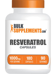 BulkSupplements Resveratrol capsules bottle on table for daily antioxidant support.