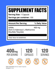 BulkSupplements SAM-e 400mg capsules on shelf for easy daily use.