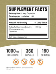BulkSupplements Turkey Tail capsules label shows ingredients and gluten-free, vegan-friendly formulation.