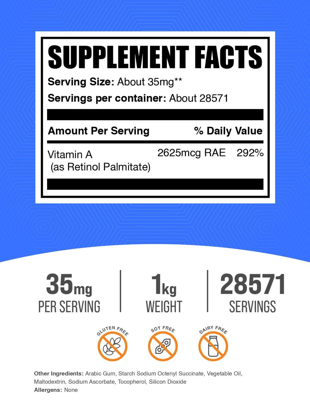BulkSupplements Vitamin A Palmitate powder jar closeup highlighting texture and powder quality.