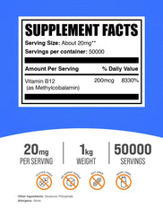 BulkSupplements Vitamin B12 Methylcobalamin powder with a measuring scoop makes daily dosing simple.