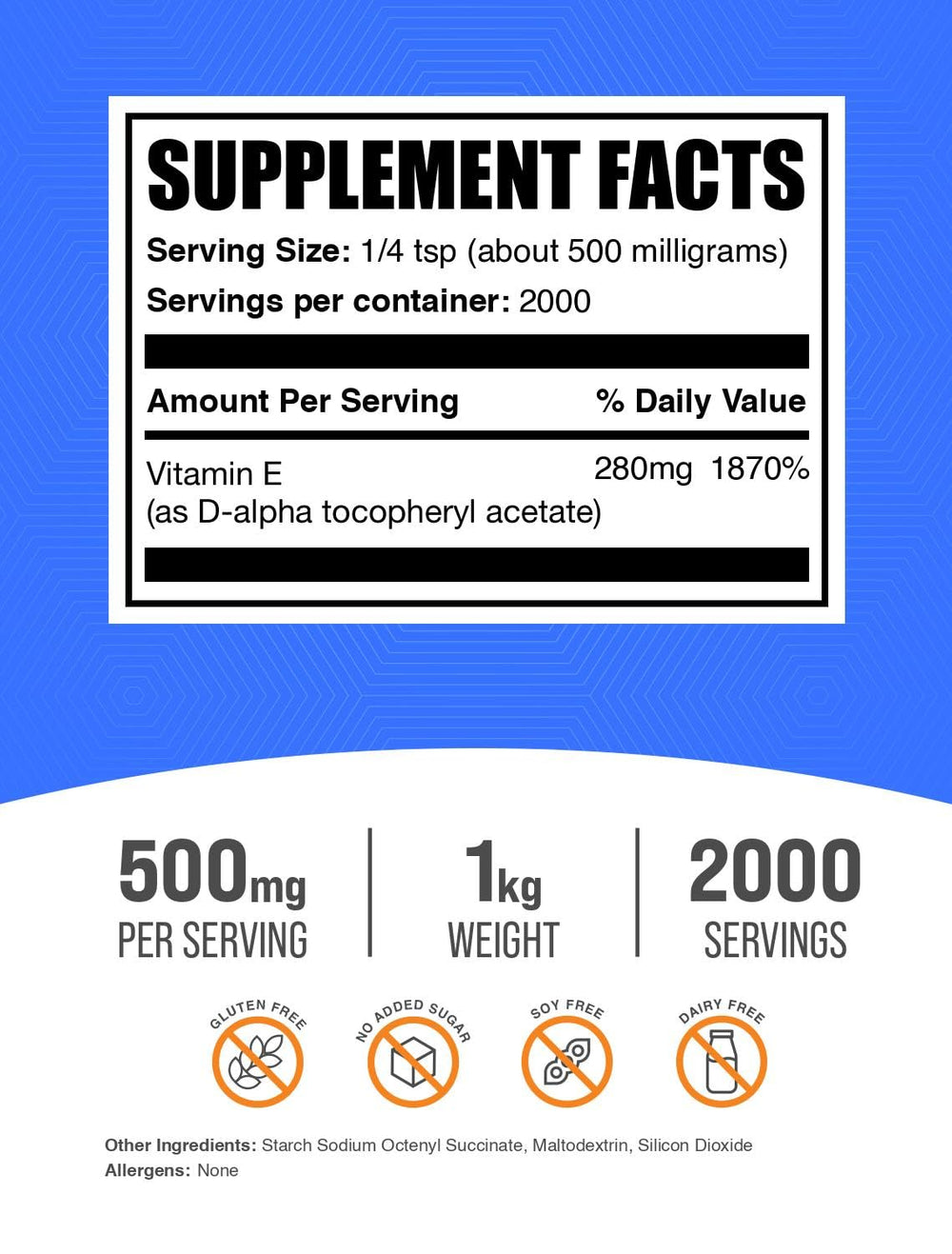BulkSupplements Vitamin E 400 IU powder packaging highlighting gluten free quality.