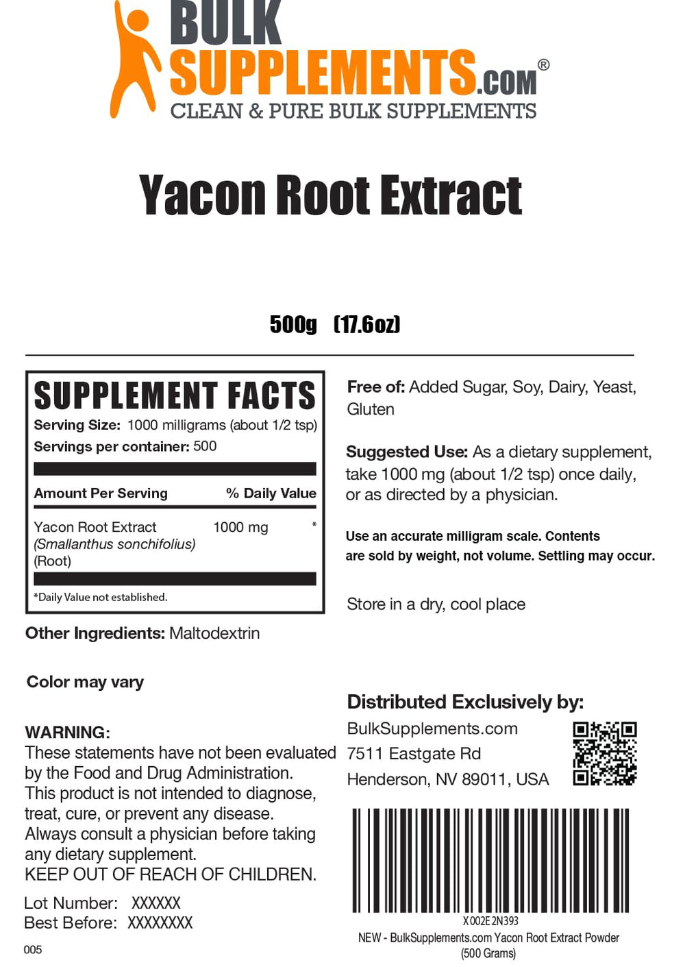 500 g container of BulkSupplements Yacon Root Extract provides long-lasting supply.