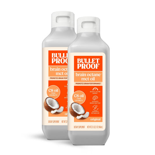 Bulletproof Brain Octane C8 MCT Oil bottle front, signaling premium keto energy support