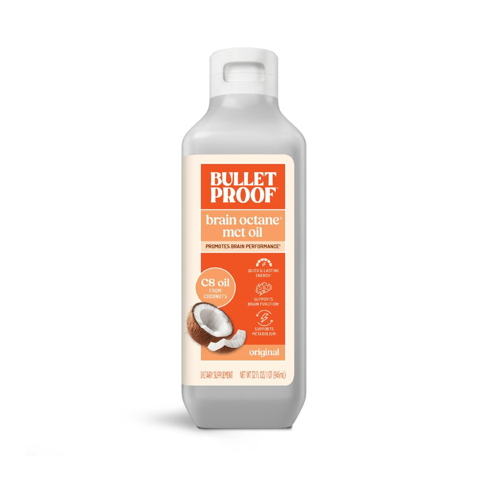 Bulletproof Brain Octane C8 MCT Oil bottle being poured for quick energy