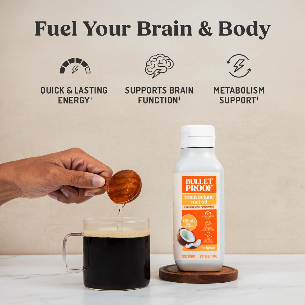 Bulletproof Brain Octane C8 MCT Oil being poured into coffee for quick energy