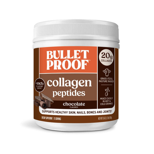 Bulletproof Chocolate Collagen Peptides jar on counter supports skin, bones, and joints.