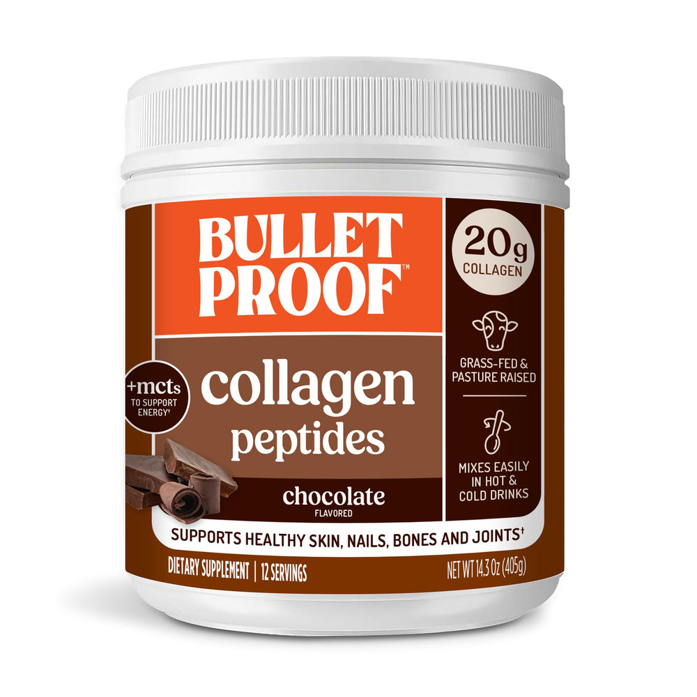 Bulletproof Chocolate Collagen Peptides jar for easy daily use in routines.