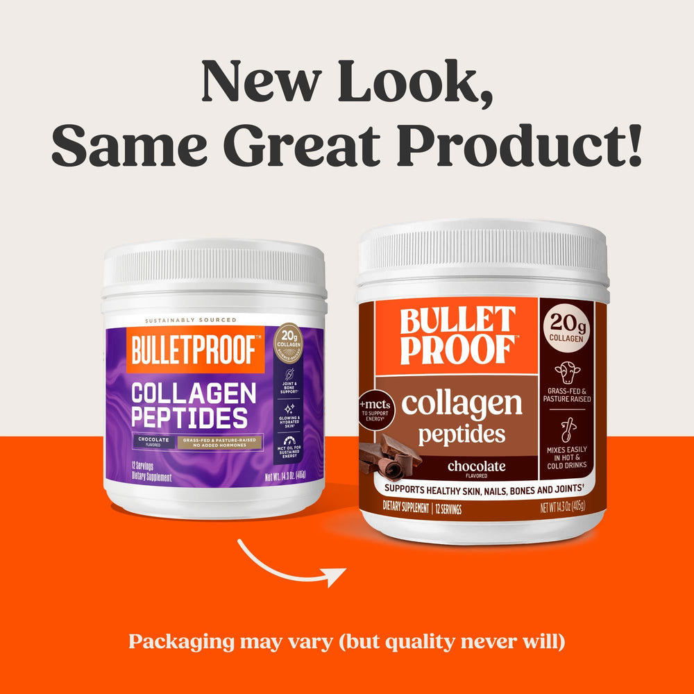 Bulletproof container with scoop shows premium MCT-infused collagen powder.