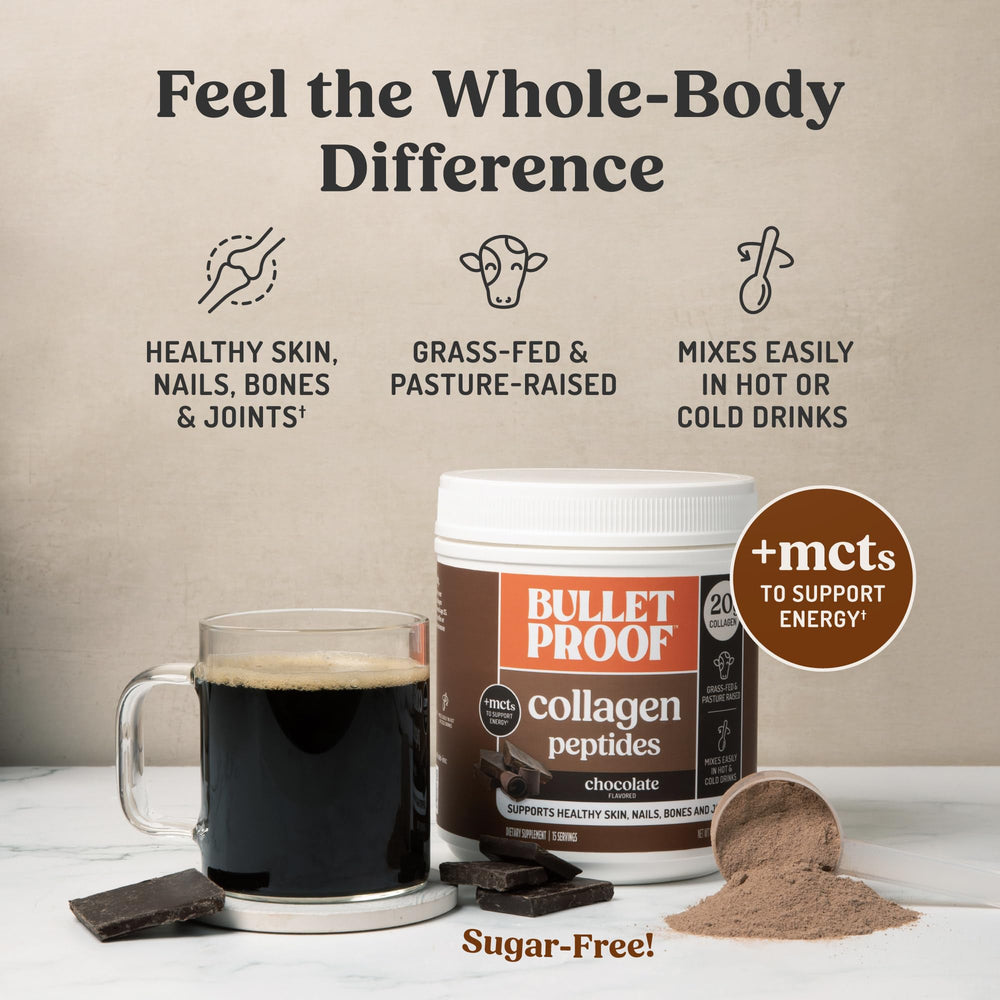 Bulletproof Chocolate Collagen Peptides blended in smoothie for protein boost.