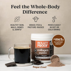 Bulletproof Chocolate Collagen Peptides blended in smoothie for protein boost.