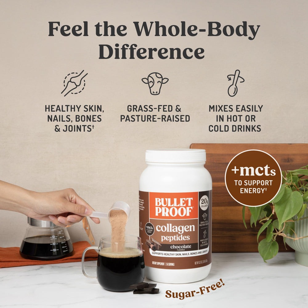 Bulletproof Chocolate Collagen Powder scoop beside a smoothie for quick nutrition