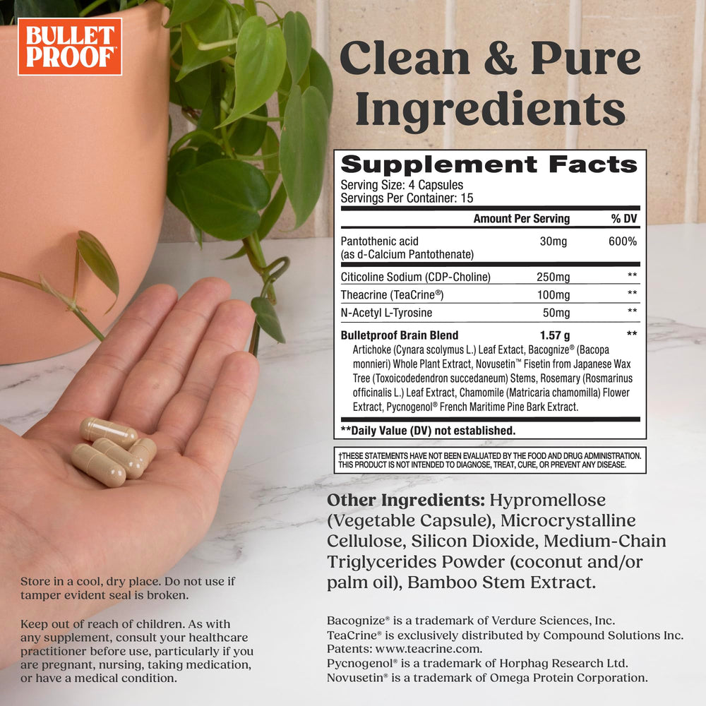 Bulletproof Clarity + Focus label closeup highlighting caffeine-free cognition benefits