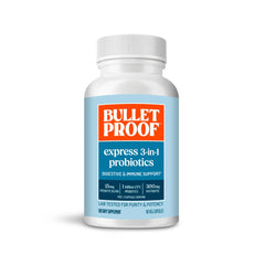 Bulletproof Express 3-in-1 probiotic bottle showing capsules for gut balance
