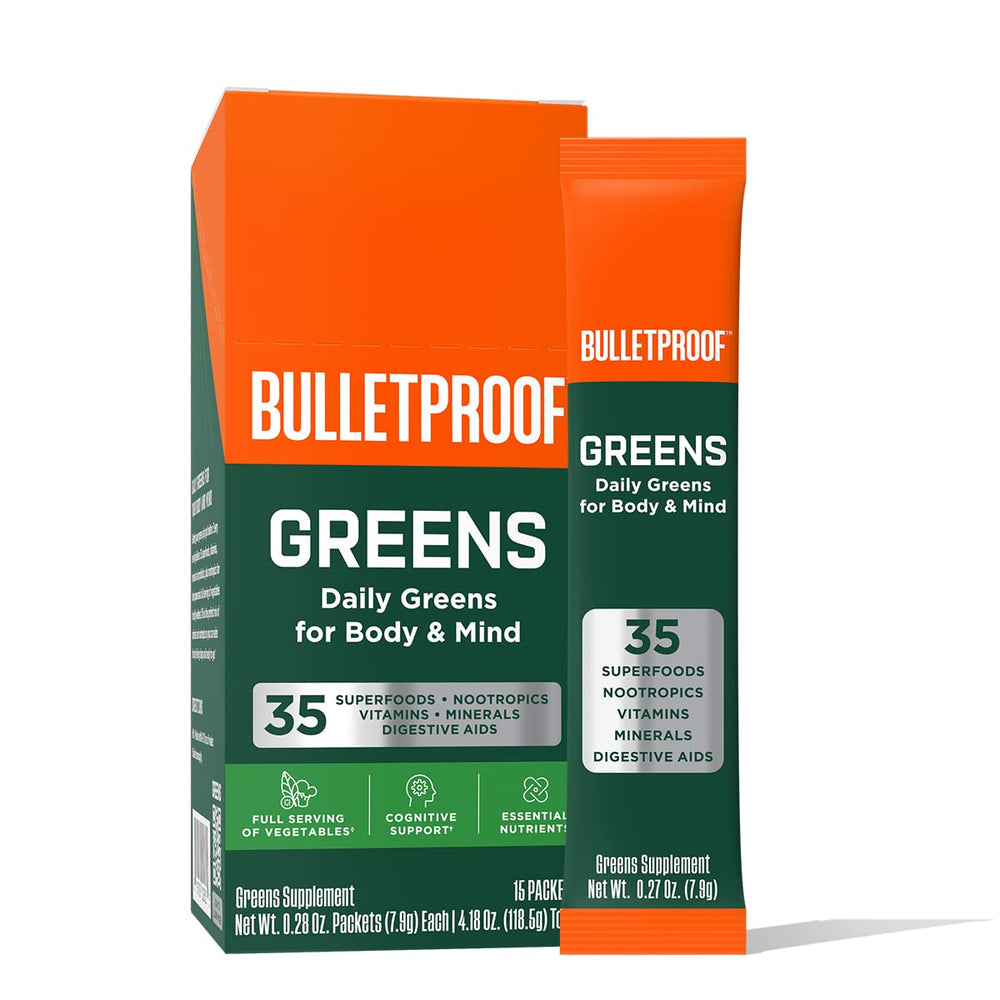 Bulletproof Greens Packets box front showing branding and daily greens serving