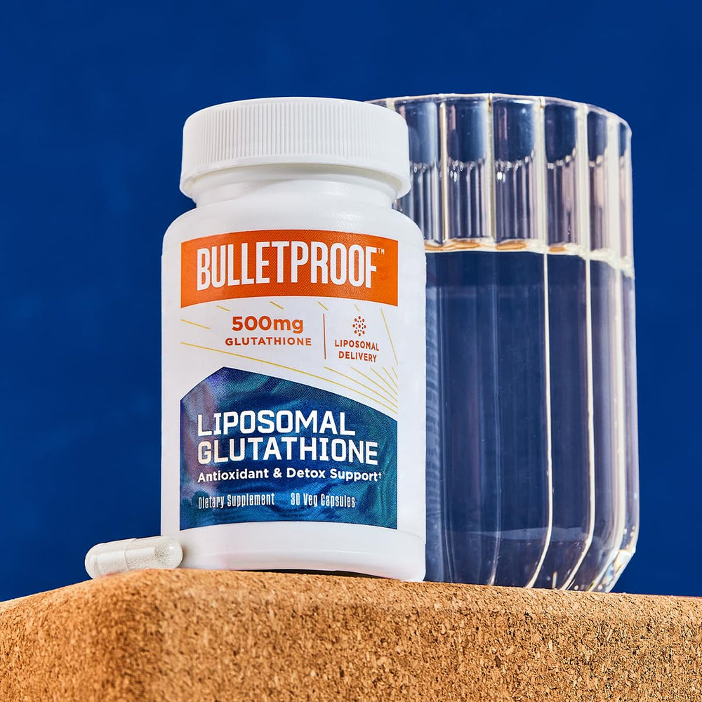 Bulletproof Liposomal Glutathione Force packaging on shelf indicating vegan and non-GMO