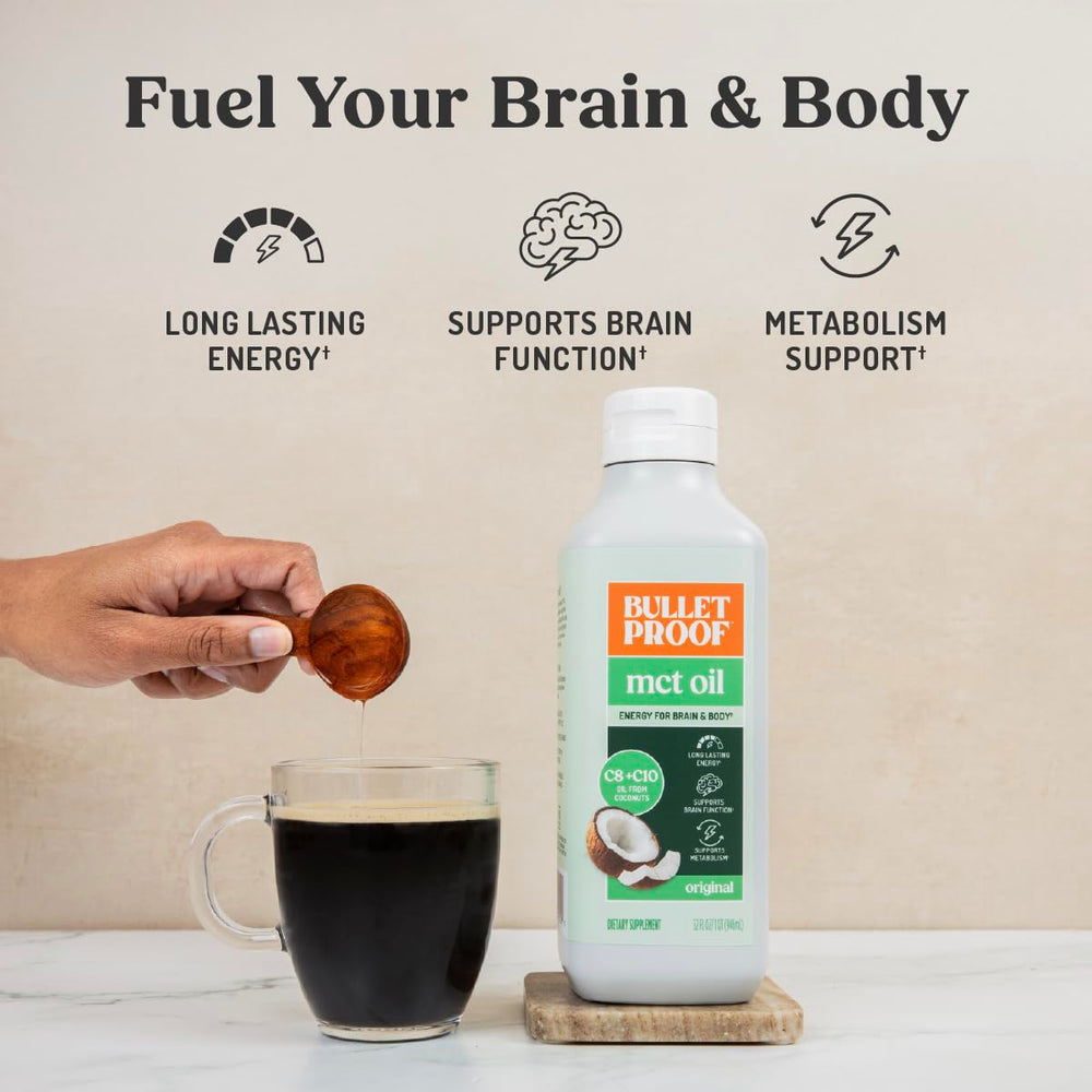 Bulletproof MCT Oil bottle label highlights coconut oil base.