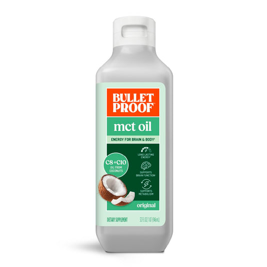 Bulletproof MCT Oil bottle pour for easy beverage blending.