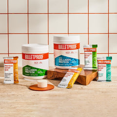 Bulletproof Salted Caramel Protein Crisp Bars shelf shot with gluten-free options.