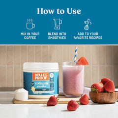 Pasture-raised Bulletproof collagen on the counter highlighting hormone-free sourcing.